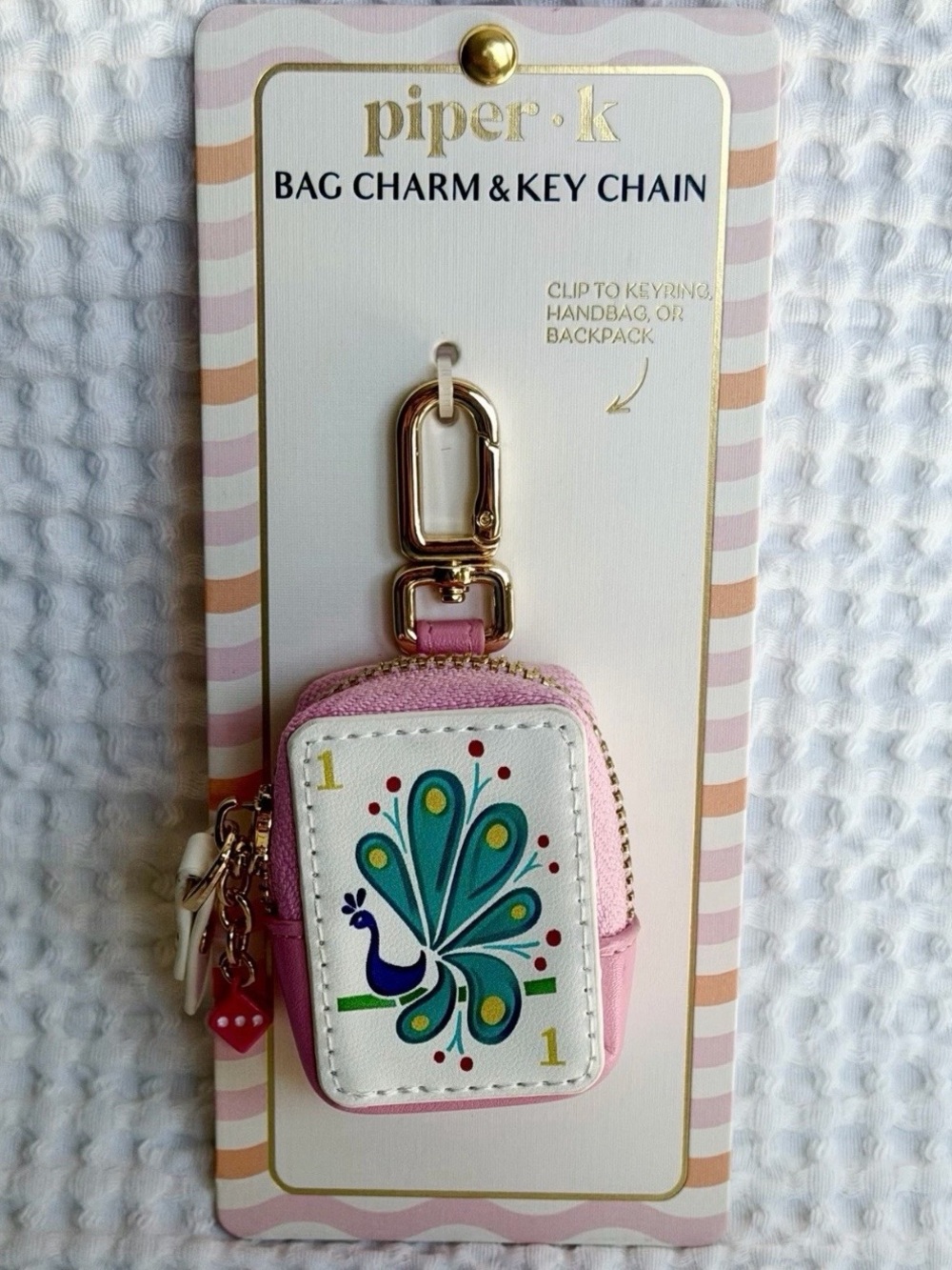 Piper K Mahjong Bag Charm Keychain Clip Bird Bam Zip Pouch White Pink Gift NWT